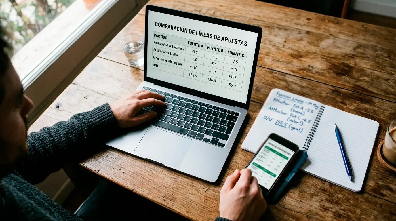 Persona comparando cuotas de spread NCAA en portátil con libreta de apuntes y bolígrafo junto a la pantalla