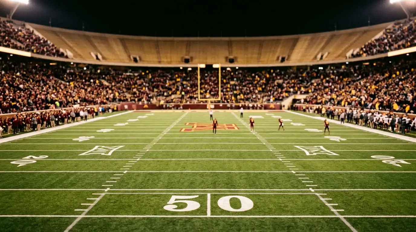 Campo de fútbol americano universitario NCAA con líneas de yard iluminadas bajo focos nocturnos