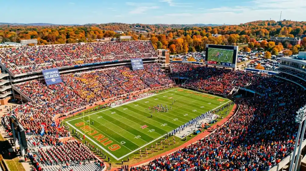 Estadio universitario NCAA lleno con ambiente de college gameday y banderas de conferencia