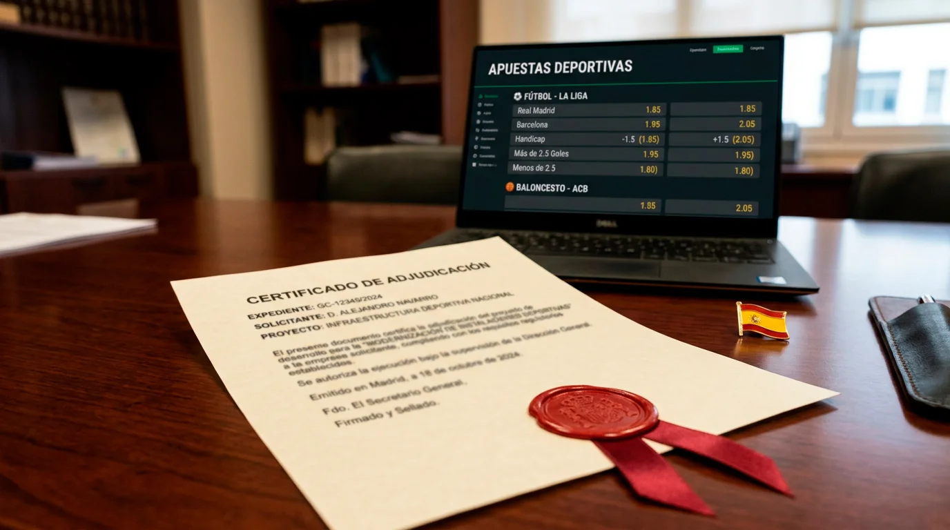 Documento oficial con sello regulatorio junto a pantalla mostrando mercado de apuestas deportivas
