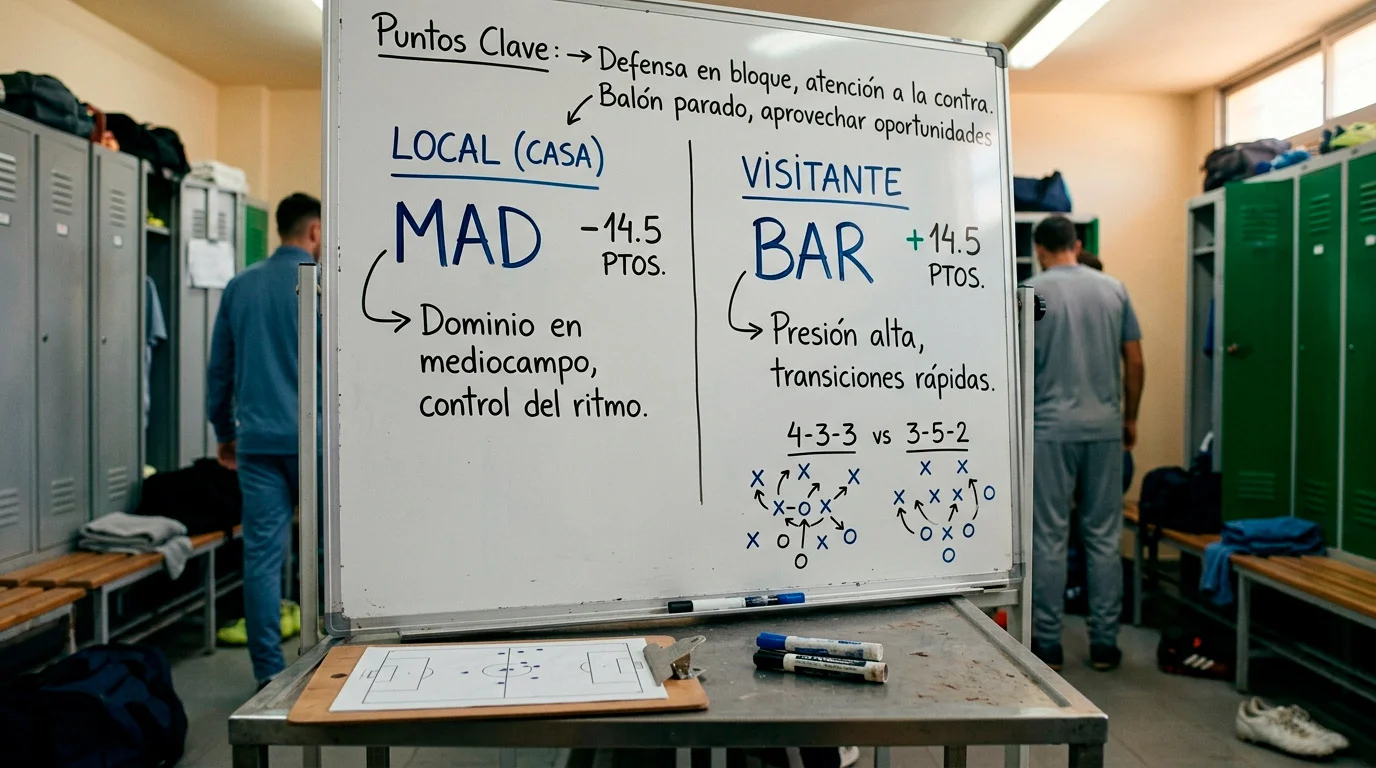 Pizarra de vestuario con línea de spread NCAA y anotaciones tácticas